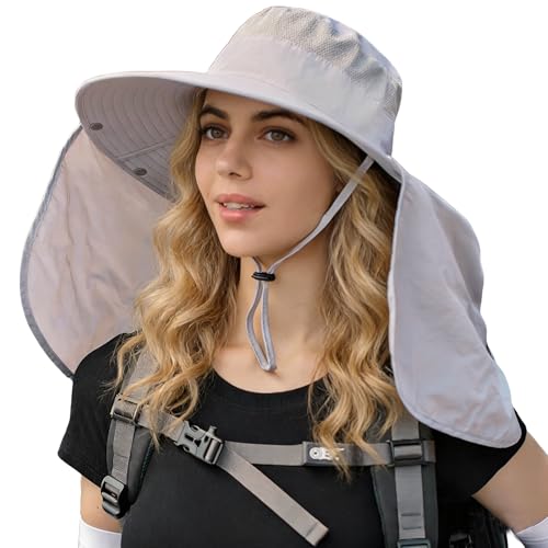 HUAMULAN Women Men Wide Brim Sun Hat Hiking Fishing Hats with Neck Flap - color: Light Gray With Mesh Panel