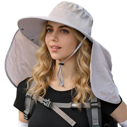 HUAMULAN Women Men Wide Brim Sun Hat Hiking Fishing Hats with Neck Flap - color: Light Gray With Mesh Panel