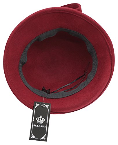 Bellady Women Solid Color Winter Hat 100% Wool Cloche Bucket with Bow Accent - color: Dark Red