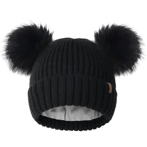 FURTALK Fleece Lined Cute Winter Beanie Hats for Women Girls Warm Knit Hats with Double Faux Fur Pom Poms - color: Balck With Black Pom