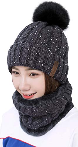 IYEBRAO Womens Winter Knit Beanie Hat and Scarf Set Girls Cute Slouchy Thick Fleece Lined Ski Hat Warm Skull Cap with Pom - color: Dark Grey