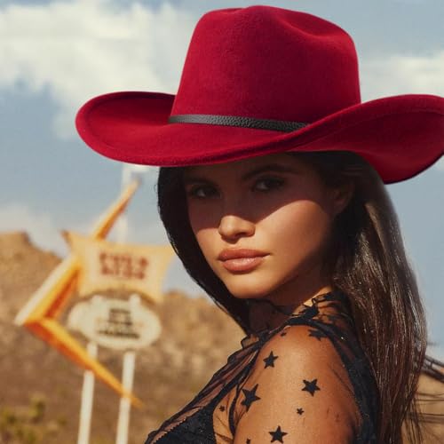 AQOKKA Western Cowboy Hats for Women Classic Felt Wide Brim Fedora Hat with Belt Buckle Retro Panama Hat Unisex Rolled up Cap - color: 1 Pc Fedora Hat : Red