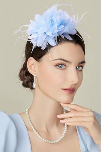 BABEYOND Flower Feather Beads Fascinator Headband for Women Derby Headpiece - color: Light Blue