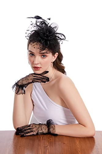 GurZinn Fascinator Hat Veil Feather Fascinator Tea Party Bridal Wedding Veil Pillbox Hat - color: C-black Hat&glove