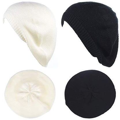 BYOS Chic French Style Lightweight Soft Slouchy Knit Beret Beanie Hat in Solid - color: 2-pack Off White & Black