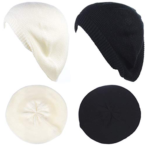 BYOS Chic French Style Lightweight Soft Slouchy Knit Beret Beanie Hat in Solid - color: 2-pack Off White & Black