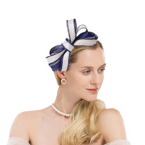 HIMESPORT Sinamay Fascinators Hats for Women Ladies Church Headdress Formal Tea Party Wedding Cocktail Derby Hat with Bowknot - color: Navy Blue and Beige