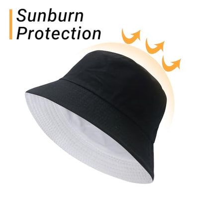 Bucket Hat for Men Women Cotton Sun Hats Unisex Packable Bucket Hats Summer Travel Beach Cap - color: Black/Beige(reversible), size: Small-Medium