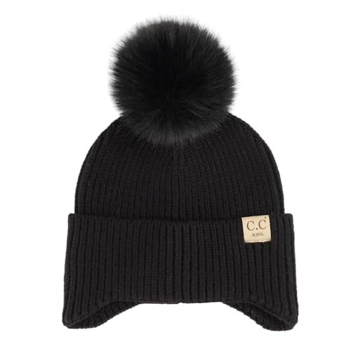 C.C Kids Ear Flap Fur Pom Beanie for Boys Girls - Comfortable Soft Warm Children Youth Knit Skully Hat with Faux Fur Pom - color: Black