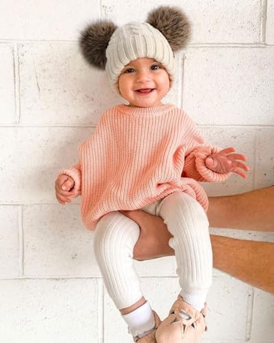 FURTALK Toddler Winter Hat Knit Beanie Double Faux Fur Pompoms Girls Boys - color: Beige, size: 2-6 Years