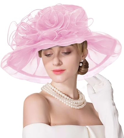 Women Derby Fascinator Hat Organza Church Wedding Hats Wide Brim Cocktail Tea Party Hat - color: 32 Pink