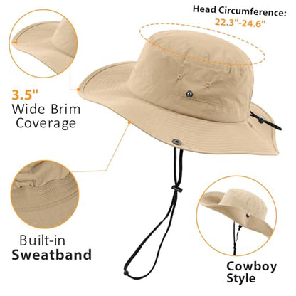 Wide Brim Waterproof Bucket Rain Hat for Women Men UPF50+ Cowboy Sun Hat - color: Ponytail Khaki