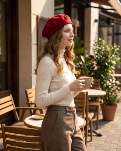 French Beret Hats for Women Men - Classic Wool Beanie Winter Cap - color: Wine Red