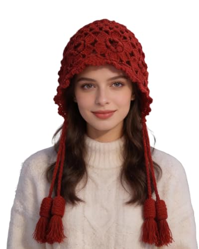 MINGSEECESS Women Girls Knitted Beanie Hat Crochet Braided Knit Warmer Cap Skiing Snowboarding Ear Flap Hats - color: Knitted-red