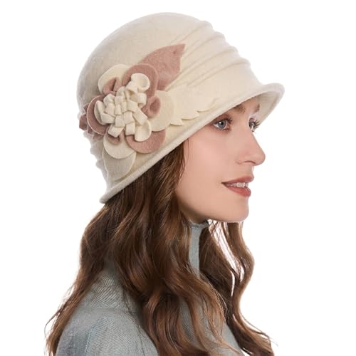 ZLYC Women Wool Cloche Bucket Hat 1920s Vintage Winter Hat with Flower - color: Mixed Beige