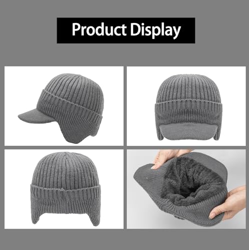 Men Earflap Beanie Knitted Lined Skullies Baseball Cap Windproof Neck Warmer - color: Grey