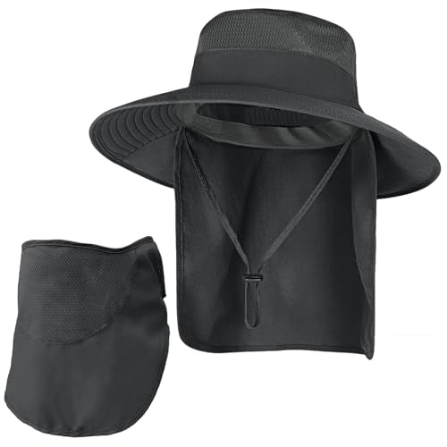 ZOORON Sun Hats for Men Women with Neck Flap Fishing UPF 50+ UV Protection - color: Black (With Face Cover)