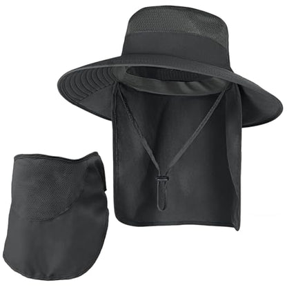 ZOORON Sun Hats for Men Women with Neck Flap Fishing UPF 50+ UV Protection - color: Black (With Face Cover)