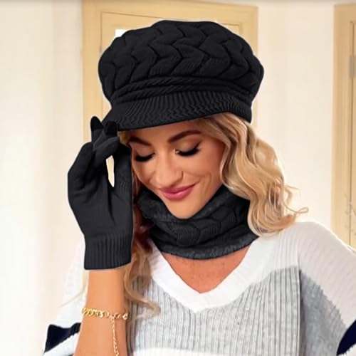 Loritta 3 in 1 Womens Winter Hat Gloves Scarf Set, Warm Hat Mittens - color: A-black