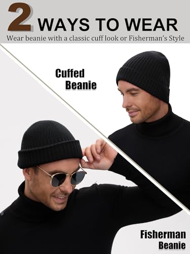 Wool Short Fisherman Beanie for Men Women Double Cuffed Skull Caps - color: 1pcs-black
