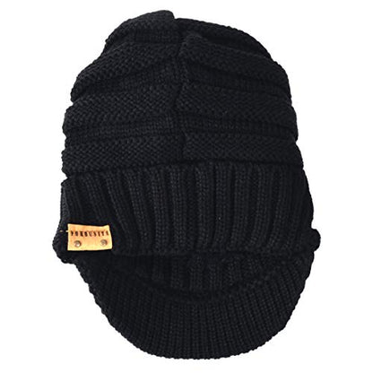 Ruphedy Mens Beanie with Brim Winter Hat Knitted Thick Fleece Visor Beanie - color: B320-black