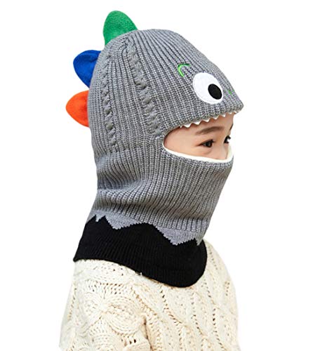 Kids Boys Girls Dinosaur Winter Knit Hat Baby Toddler Thick Scarf Earflap Hood Scarves Skull Caps - color: Grey(2-7years Old)