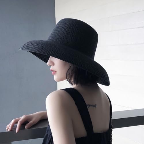 Women's Floppy Wide Brim Summer Beach Straw Hat UPF 50+ Sun Hat - color: Black