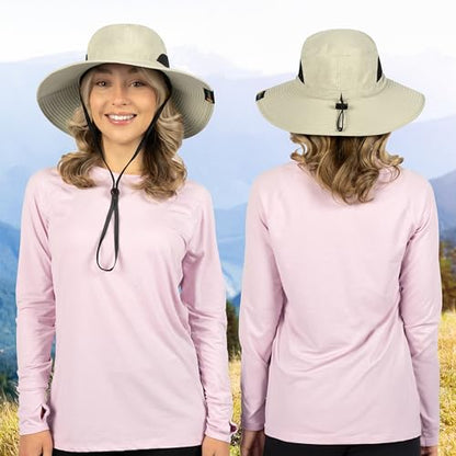 SUN CUBE Wide Brim Sun Hat for Men & Women, UPF 50+ UV Protection, Mesh Boonie Hat with Chin Strap, Fishing Hiking Hat - color: Beige