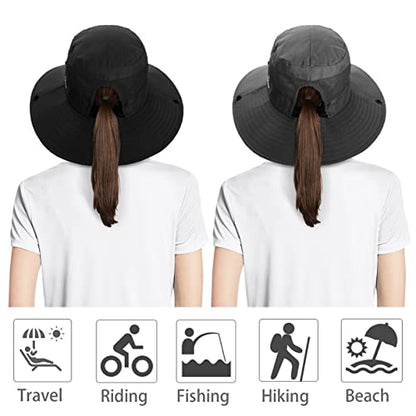 IYEBRAO 2 Pack Womens Ponytail Sun Hat UV Protection Bucket Hats Foldable Wide Brim Summer Boonie Beach Cap Fishing Hiking… - color: Black & Grey