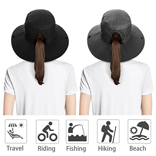 IYEBRAO 2 Pack Womens Ponytail Sun Hat UV Protection Bucket Hats Foldable Wide Brim Summer Boonie Beach Cap Fishing Hiking… - color: Black & Grey