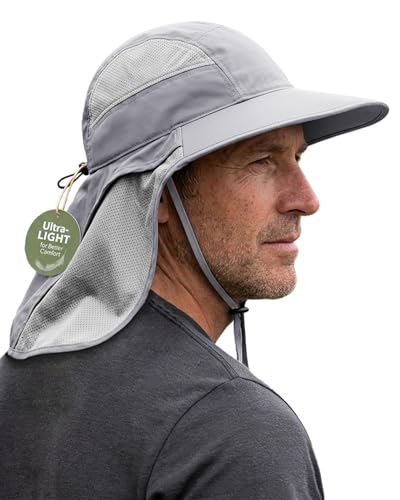 Hat Hut Ultra-Light Sun Hat with Neckflap, UPF 50+, Wide Brim, Breathable Outdoor Hiking Fishing Hats for Men - color: Light Grey