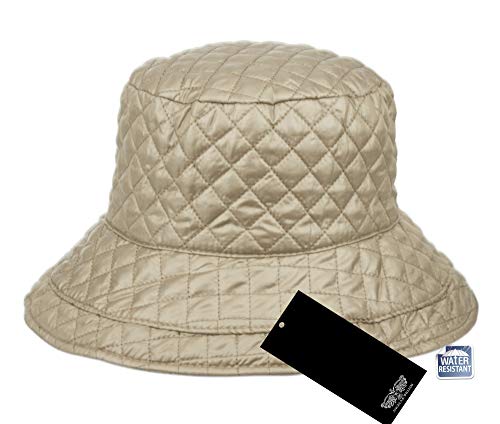 Foldable Water Repellent Quilted Rain Hat w/Adjustable Drawstring, Bucket Cap - color: A Khaki