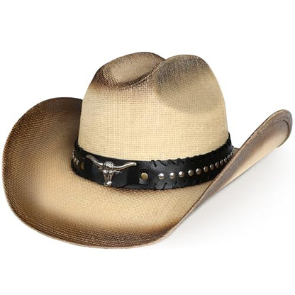 WQWOVRVO Cowboy Hat,Cowgirl hat,Brown Cowboy Hats for Women/Mens Straw Wide with Shapeable Brim Western Cowboy Hat for Womens - color: Beige & Coffee Color