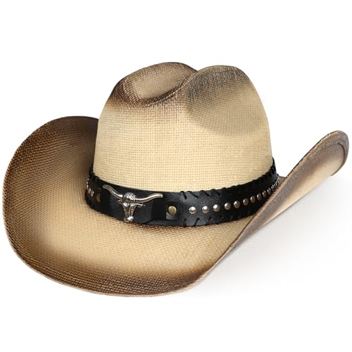 WQWOVRVO Cowboy Hat,Cowgirl hat,Brown Cowboy Hats for Women/Mens Straw Wide with Shapeable Brim Western Cowboy Hat for Womens - color: Beige & Coffee Color