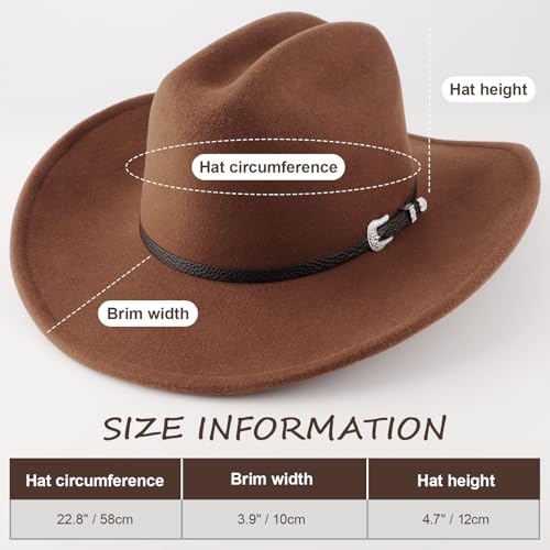 AQOKKA Western Cowboy Hats for Women Classic Felt Wide Brim Fedora Hat with Belt Buckle Retro Panama Hat Unisex Rolled up Cap - color: 1 Pc Fedora Hat A: Khaki