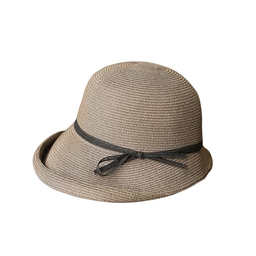 CORIRESHA Women's Vintage 1920s Audrey Hepburn Hat Bow Straw Cloche Beach Sun Cap - color: Coffee