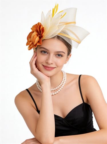 Fascinators Hat for Girls and Women Tea Party Flower Mesh Feather Kentucky Headwear with Headband and Clip - color: Gold