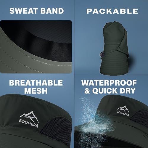 Sun Hat for Men & Women, Breathable Wide Brim Outdoor Fishing Hat with Face Cover & Neck Flap - color: Dark Green