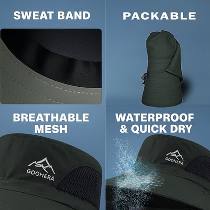 Sun Hat for Men & Women, Breathable Wide Brim Outdoor Fishing Hat with Face Cover & Neck Flap - color: Dark Green