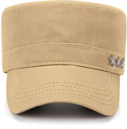 Initlove Cadet Army Cap Military Unisex Flat Top Hat for Men Women - color: Star Beige