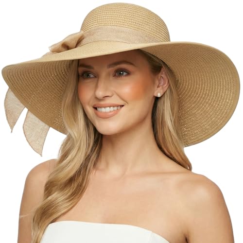 DRESHOW Beach Hats for Women Big Straw Wide Brim Summer Hat Floppy Foldable Roll up Cap Sun Hat UPF 50+ - color: Khaki /Normal Edge