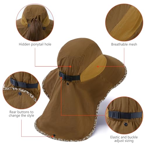 BASSDASH UPF 50+ Unisex Water Resistant Wide Brim Sun Hat with Large Neck Flap Ponytail Fishing Hat for Men Women - color: Caramel/Leopard