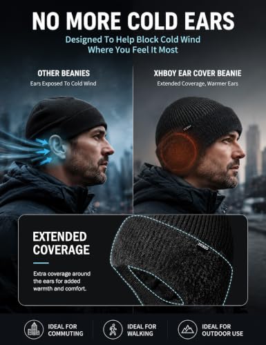 Durio Winter Beanie Hat with Earflap Windproof Knitted Cap - color: Black