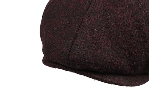 8 Panel Wool Blend Newsboy Cap – Classic Tweed & Herringbone Baker Boy Hat for Men & Women - color: Dark Burgundy Herringbone, size: Medium