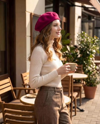 French Beret Hats for Women Men - Classic Wool Beanie Winter Cap - color: Soft Pink