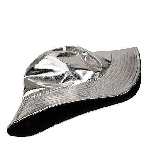 Reversible PU Leather Bucket Hats for Women Solid Color Double Wear Summer Hat Unisex - color: Silver
