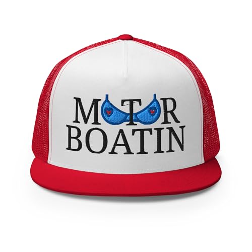 NX Motor Boatin Embroidered Flat Bill Trucker Hat High Crown Snapback Cap - color: Red/ White/ Red