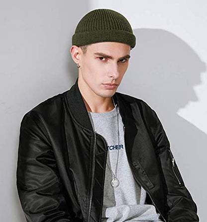 ROYBENS Wool Fisherman Beanies for Men Knit Short Watch Cap Winter Warm Hat - color: 2pcs Red + Army Green