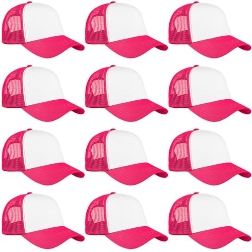 Falari 12 Pack Bulk Wholesale Mesh Trucker Hats 5 Panel and 6 Panel Baseball Caps for Men and Women - color: 5 Panel - Hot Pink