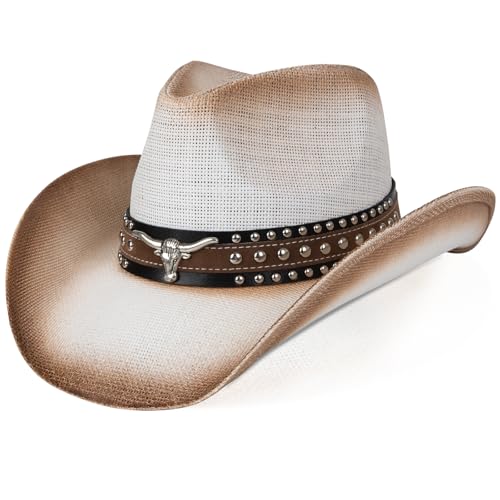 WQWOVRVO Cowboy Hat,Cowgirl Hat,Western Cowboy Hats for Women/Mens/Straw Wide with Shapeable Brim Cowboy Hat for Womens - color: White & Coffee Color